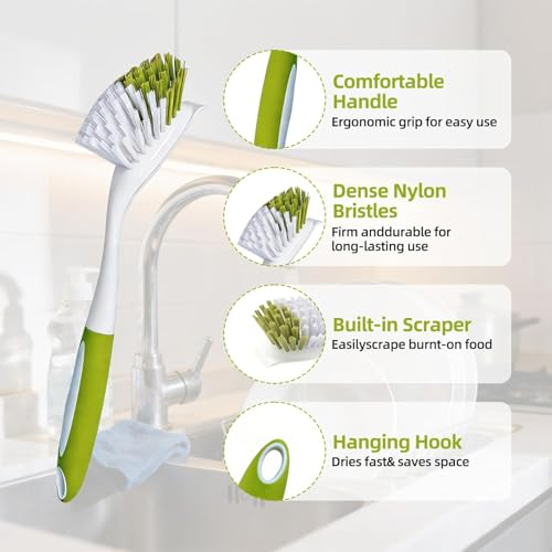 Dish Brush Scrub Brush with Handle - 3 Pack Stiff Bristles Dish Scrubber for Cleaning Dishes, Pots, Pans, Sink, Cast Iron - Hard Bristles,No Residue - color: Green
