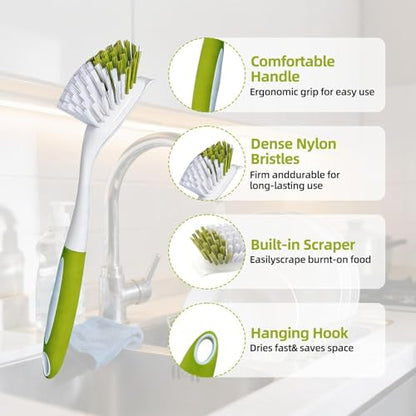 Dish Brush Scrub Brush with Handle - 3 Pack Stiff Bristles Dish Scrubber for Cleaning Dishes, Pots, Pans, Sink, Cast Iron - Hard Bristles,No Residue - color: Green
