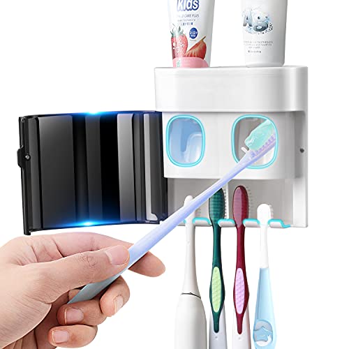 GFWARE Toothbrush Holder Toothpaste Dispenser Wall Mounted with Cover, 4 Slots Tooth Brush Storage Organizer with Automatic Kids Toothpaste Squeezers for Shower Bathroom Black - color: Black