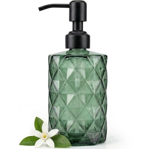 JASAI Forest Green Glass Soap Dispenser with Black Rustproof Pump, Refillable Small Soap Dispenser for Kitchen and Bathroom. - color: Forest Green