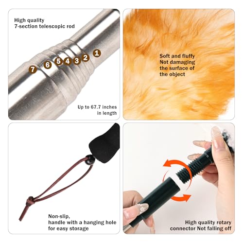 Extendable Cleaning Duster,66.9Inch Telescoping Feather Dusters with Stainless Steel Extension Pole for Cleaning High Ceiling Fan, High Ceilings,Furniture - size: 67.7inch