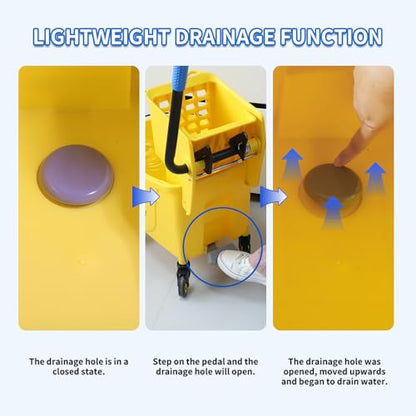 35QT Side-Press Mop Bucket and Wringer Combo on Wheels, Yellow,Including One Heavy Duty Industrial Mop and One Set Large Rubber Cleaning Gloves