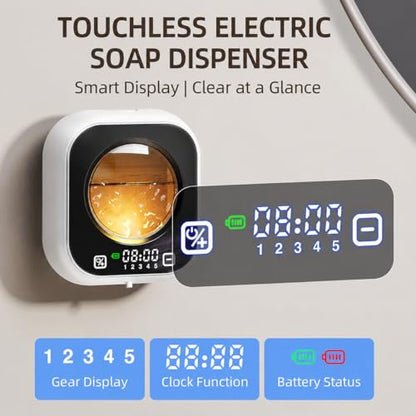 Automatic Liquid Soap Dispenser, Wall Mounted Soap Dispenser, 320ML Electric Touchless Rechargeable, Smart Display & 5‑Level Adjustable, No-Drill Waterproof for Bathroom, Kitchen (White) - color: White
