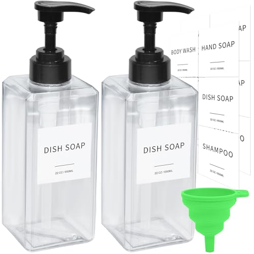 Clear Soap Dispenser with Waterproof Labels, Thickened Plastic Hand Soap Dispenser for Bathroom, Kitchen Dish Washing Liquid Bottles, Shampoo and Conditioner Bottles with Funnel (22oz 2Pack Clear) - color: 22oz 2pack Clear