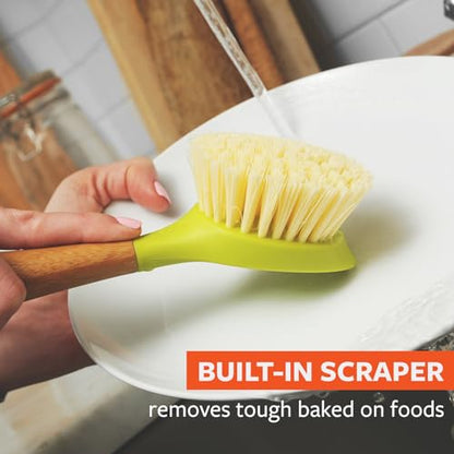 Full Circle Daily Dish Brush-Bamboo Handle Dish Brush–Sustainable Kitchen Cleaning with Tough Bristles-Natural Dish Scrubber, Nonstick & Cast Iron Cleaner-Long Handle Brush for Dishes, Pots, and Pans - color: Green