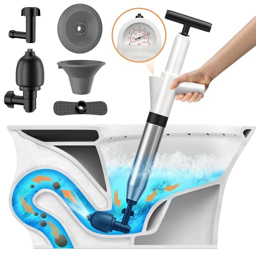Toilet Plunger, Drain Clog Remover, Plungers for Bathroom, High-Pressure Air Drain Blaster with Real-Time Barometer Powerful Heavy Duty Toilet Snake for Sink, Floor, Kitchen Clogged - color: Matte White