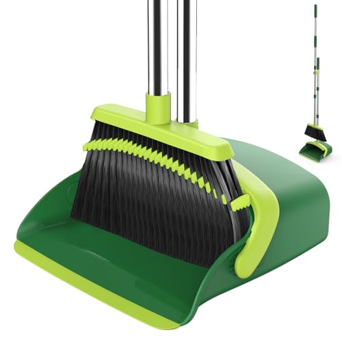Broom and Dustpan Set, 52-in Long Adjustable Handle Broom Dustpan Combo with Dust pan Teeth to Automatically Clean Hair Suitable for Home Kitchen Office Hall Floor（Green） - color: Green, size: 1 Pack
