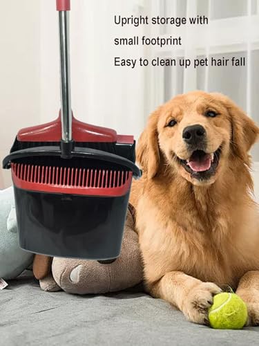 Broom and Dustpan Set, Stand Upright Windproof Dustpan, Long Handle Broom and Dustpan with Teeth for Home Kitchen Room Office Lobby Floor Cleaning (Black+Red)