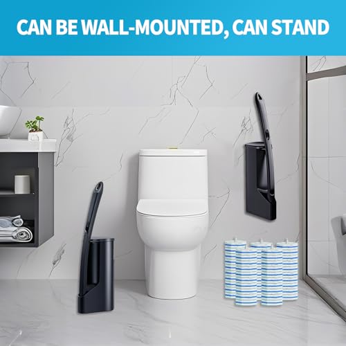 Disposable Toilet Brush with 50 Wand Cleaner Refills Pads，Wall Mounted Toilet Bowl Holder Set，Toilet Cleaning System Starter Kit，Bathroom Cleaning System for Sink Bathtub Wash Basin