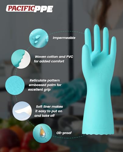 PACIFIC PPE 2 Pairs Reusable Dishwashing Cleaning Gloves with Latex Free, Cotton Lining, Kitchen Gloves, Green, Large - color: Green, size: Large (Pack of 2)