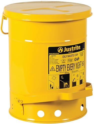 Justrite 6 Gallon Galvanized Steel Oily Waste Can, 16" x 12" Metal Oil Rag Safety Can With Foot Operated Self-Closing Lid for Oil Rag Disposal, Made in the USA, Yellow, 09101 - color: Yellow, size: 6 Gallon, style: Foot-Operated Lid
