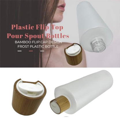 Empty Cosmetic Bottles 8oz/250ml 2 Pack with Bamboo Disc Top Flip Cap for Shampoo Lotion Liquid Soap,Cream,Refilable Plastic Squeeze Travel Size Toiletry Bottles Frost Clear - color: Frost Clear, size: 250ml/8oz 2Pack