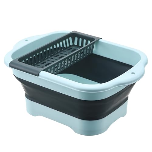 2.98 Gallon (11.28L) Collapsible Dish Basin with Drain Plug, Outdoor Multiuse Foldable Sink Tub, Dishpan, Wash Basin, Portable Kitchen Storage Tray for Camping, RV, Beverage Bucket (Green) - color: Green