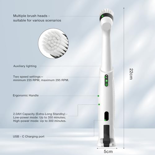 Electric Spin Scrubber, Rechargeable Waterproof Grout Cleaning Brush with 5 Magnetic Heads for Tile Surfaces, Bathroom Crevices, Kitchen & Faucet Corners