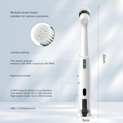 Electric Spin Scrubber, Rechargeable Waterproof Grout Cleaning Brush with 5 Magnetic Heads for Tile Surfaces, Bathroom Crevices, Kitchen & Faucet Corners