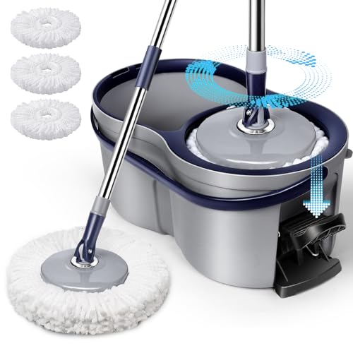 Spin Mop and Bucket Set,Masthome EasyWring Microfiber Spin Mop with 3 Mop Pads,Pedal Spinning Mops and Bucket with Wringer Set for Floor Cleaning - Home & Office Suitable - color: Dark Blue