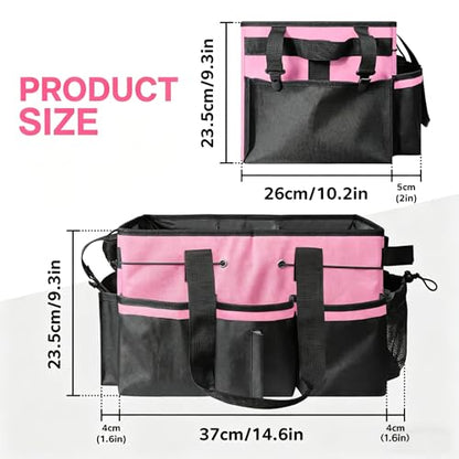 Wearable Cleaning Caddy Organizer with Handle & Adjustable Shoulder Strap 4 Foldable Compartments, Cleaning Supplies Caddy for Housekeepers, Car, Home, Hotel & Outdoor Cleaning Bag（Pink）