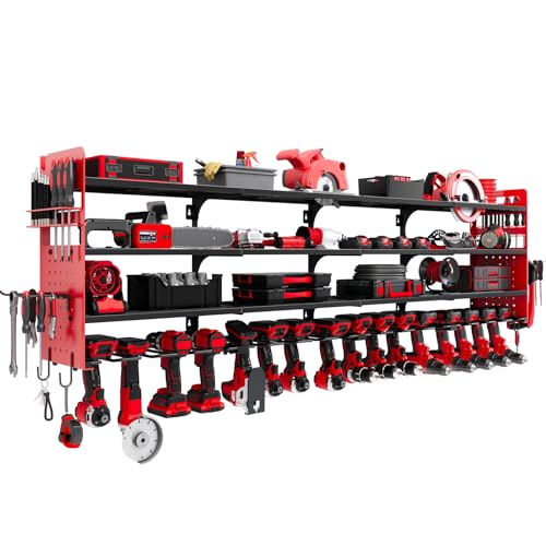 Large Power Tools Organizer Wall Mount, 16 Drill Holder for Garage, Workshop Heavy Duty Storage Rack(Red) - color: Red