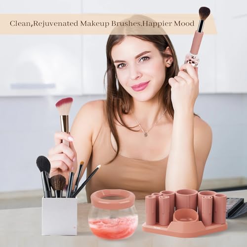 RICRIS Electric Makeup Brush Cleaner and Dryer Machine - Super Fast Clean and Dry Make Up Brushes - Automatic Cosmetic Brush Spinner Washer Tools - color: Gold-Peach