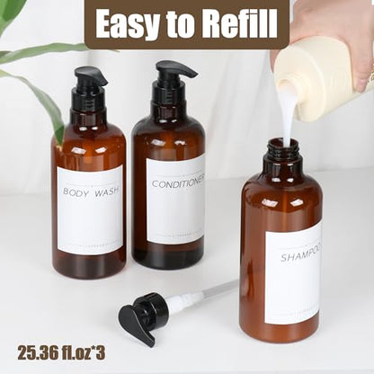 Shampoo and Conditioner Dispenser, Soap Dispenser Wall Mounted, 25.36 fl oz Set of 3 Amber Plastic Bottles Black Pump, Shower Soap Bottles Refillable with Labels for Bathroom