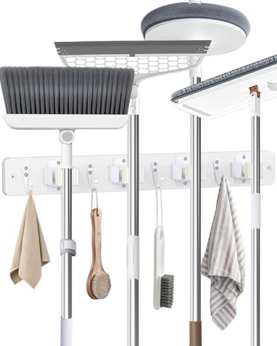 Broom Holder Wall Mounted, 2 Pack White 4 Holders and 4 Hooks Mop Holder, Wooden Mop and Broom Holder with Anti slip rubber, Natural pine wood Brush Holder, Mop Wall Holder with Nail installation - color: White, size: 2 Pack