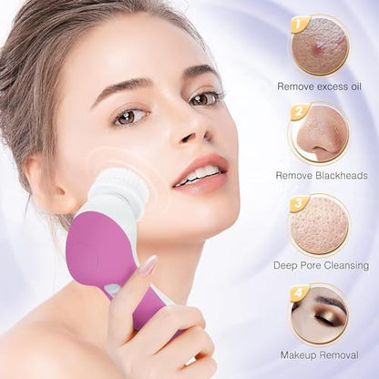 COSLUS Facial Cleansing Brush Silicone Face Scrubber: 2 in1 FBS-D Electric Exfoliating Device Waterproof Deep Cleaning Exfoliation Rotating Spa Machine - Electronic Skincare Wash Spinning System - color: Bright Rose, size: With 2 brush heads
