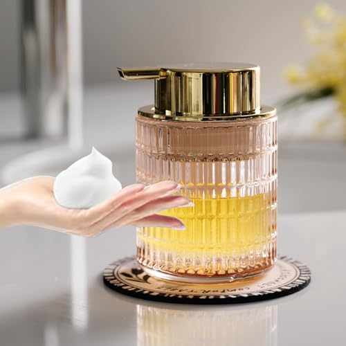 CICUFY Refillable Glass Foam Soap or Lotion Dispenser for Kitchen and Bathroom with Large Gold Pump (Striped Pattern-Pink) - color: Pink, style: Foam/Striped Pattern