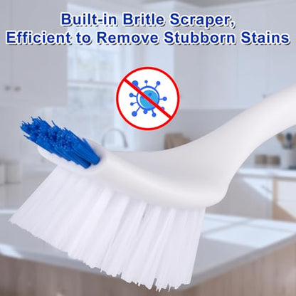 ITTAR Kitchen Dish Brush with Long Non-Slip Handle, 2-in-1 Kitchen Scraper & Brush, Heavy-Duty Non-Scratch Scrub Brush for Sink, Pots, Pans, Burnt Food Grease Stove Sink Cleaning-White & Blue