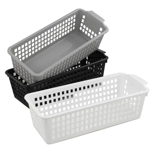 6 Pack Plastic Storage Organizer Basket, White Grey Black, Slim Organizing Basket Set