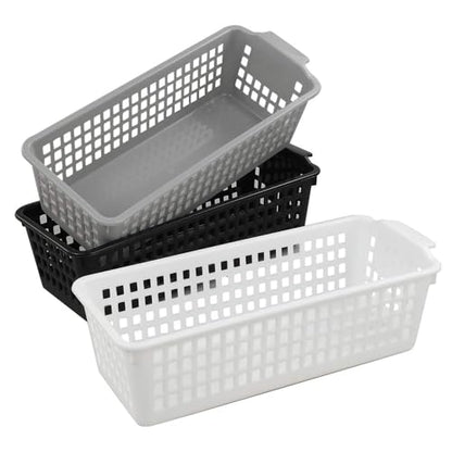 6 Pack Plastic Storage Organizer Basket, White Grey Black, Slim Organizing Basket Set
