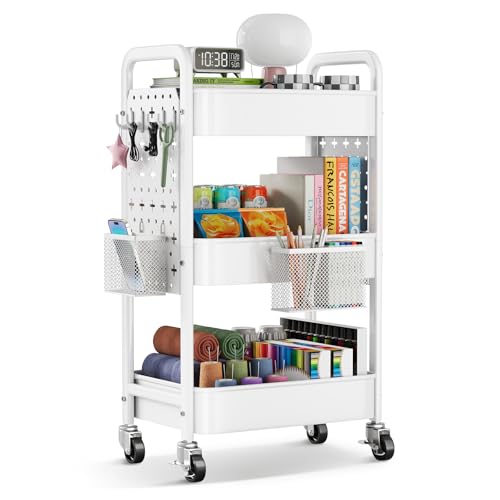 3 Tier Rolling Cart Metal with DIY Pegboard, White Rolling Cart on Wheels for Art Supply Organizer, Three Tiered Craft Organizers and Storage Cart, Utility Hobby Carts for Baby Diaper Caddy,Nail,Book - color: White, size: 3 Tier+Pegboard+Cups+Hooks
