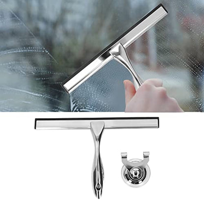 All Purpose Stainless Steel Shower Squeegee for Shower Doors with Suction Storage Hook, Bathroom Cleaner Tool Household Window Mirror Squeegee for Home Cleaning, Glass Door, Tile