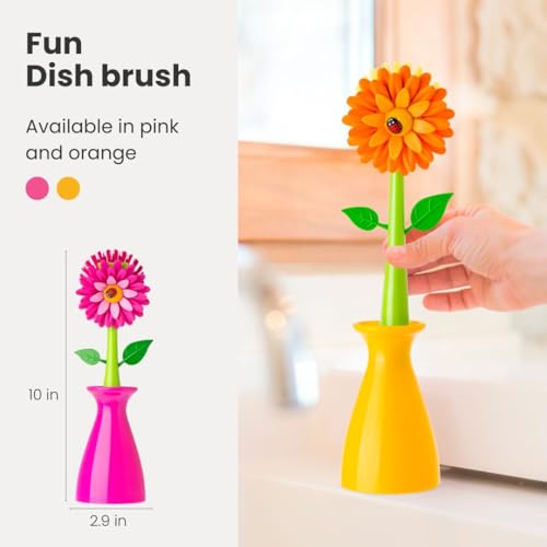 Vigar Flower Power Dish Brush with Handle and Vase Holder - Dish Scrub Brush for Dishes, Kitchen Scrub Brush, Dish Brush with Handle, Sink Cleaning Brush, Pot Scrubber, Dishwashing Brush - Orange - color: Orange