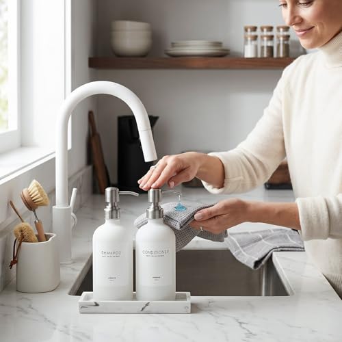 White Glass Dish Soap Dispenser Set for Kitchen, Hand and Dish Soap Dispenser with Stainless Steel Pump & Resin Tray, Perfect for Kitchen,Hotel Rental-Modern Soap Dispenser for Bathroom - color: Matte White