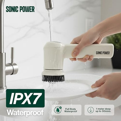 SonicPower Electric Spin Scrubber – Handheld & Ergonomic, IPX7 Waterproof, 4 Multi-Purpose Brush Heads, Long-Lasting Rechargeable Battery – Cleans Dishes, Bathroom, Tile, Grout & Kitchen (Beige) - color: Beige