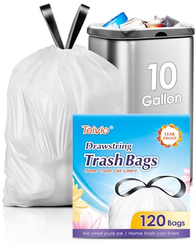 10 Gallon 120 Counts Strong Drawstring Trash Bags Garbage Bags by Teivio, Bathroom Trash Can Bin Liners, Plastic Bags for home office kitchen, White - style: 120-10Gallon