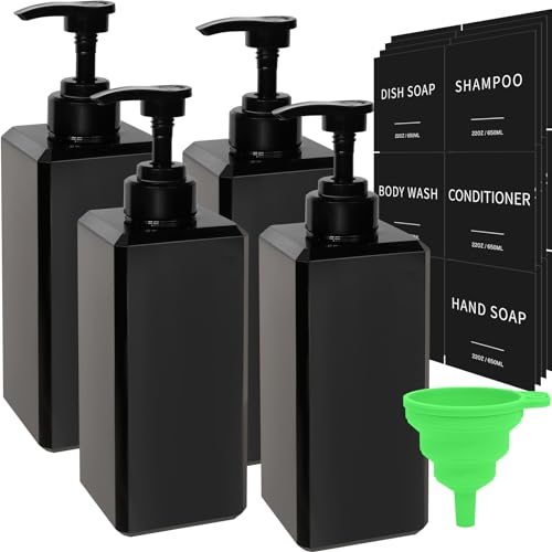 Black Soap Dispenser with Waterproof Labels, Thickened Plastic Hand Soap Dispenser for Bathroom, Kitchen Dish Washing Liquid Bottles, Shampoo and Conditioner Bottles with Funnel (22oz 4Pack Black) - color: 22oz 4 Pack Black