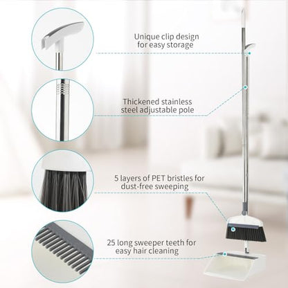 Broom with Dustpan Combo Set, 2 in 1 Broom and Dustpan Set with Long Handle, Upright 180° Rotating Broom with Brush and Lightwight Dust Pans for Home Kitchen Room Office Lobby Floor Cleaning，White
