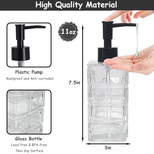 Clear Glass Soap Dispenser with Black Pump, 2 Pack 11oz Square Hand Dispenser, Refillable Lotion & Dish Soap, Bathroom Shower Gel - color: Square Clear