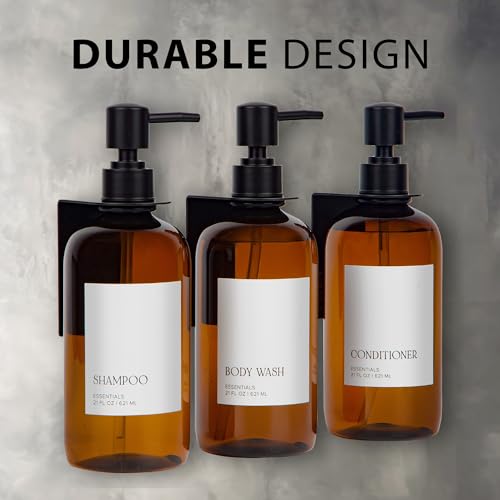 Stylish Shampoo and Conditioner Dispenser Set of 3 for Wall Mount - Modern Drill Free 21oz Shower Soap Bottles with Labels - Easy Refill Body Wash Dispensers for an Instant Bathroom Decor Upgrade