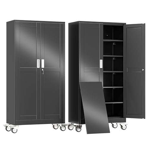 erosoei 74" H Metal Garage Storage Cabinet, Rolling Tool Cabinet with 2 Doors and Wheels, Locker Steel Cabinet with 5 Adjustable Shelves, Organization Cabinet for Garage,Office,Home,Gym,School（Black） - color: Black, size: Upgraded Size with Wheels and Loc