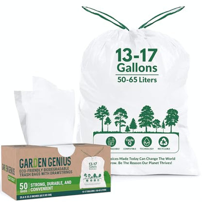 Biodegradable 13-17 Gallon Code-Q Trash Bags (50 Pack) | Strong Heavy-Duty Tall White Kitchen Bags w/Drawstring | Fits Simplehuman & Standard Cans | Eco-Friendly D2W, 30 Micron Thick | 25.6" x 33.5" - style: 13-17 Gallon Code-Q (50-Pack) White