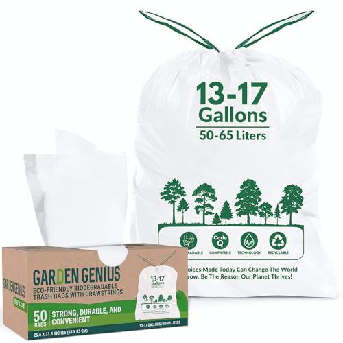 Biodegradable 13-17 Gallon Code-Q Trash Bags (50 Pack) | Strong Heavy-Duty Tall White Kitchen Bags w/Drawstring | Fits Simplehuman & Standard Cans | Eco-Friendly D2W, 30 Micron Thick | 25.6" x 33.5" - style: 13-17 Gallon Code-Q (50-Pack) White