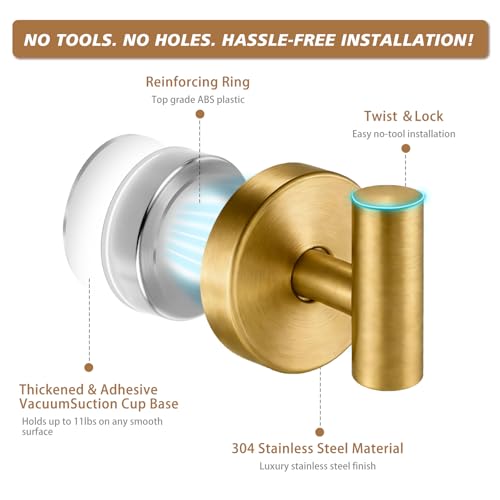 Suction Cup Hooks, Removable Shower Hooks, Brushed Gold, 2-Pack | No Wall Damage | Strong Hold on Tile, Glass & Mirrors | Kitchen & Bathroom Use | Perfect for Towels, Loofahs, Robes & Coats - style: Brushed Gold