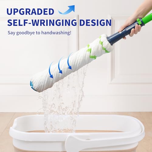 BOOMJOY Twist Mop with Self-Wringing System for Floor Cleaning, Scouring Pad for Stubborn Stains, 53" Long Handle – Ideal for Kitchen, Bathroom & Home Use – Perfect for Pet Owners
