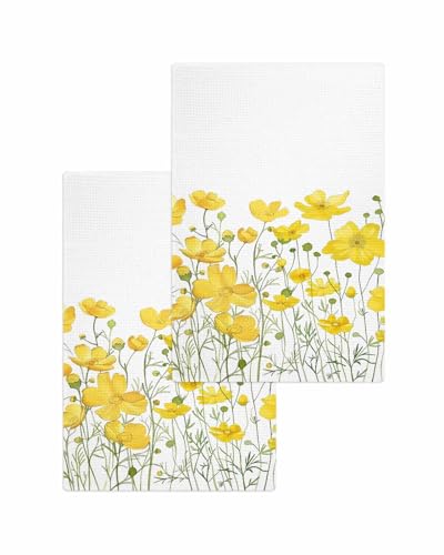 Yellow White Floral Hand Towels Set,Waffle Weave Kitchen Towels 2 Pieces,Microfiber Hair Face Bath Tea Towel Absorbent Quick Drying Dish Cloths,Pastoral Minimalist Botanical Flower Leaf 15.7"x23.6" - color: Floralhab99253