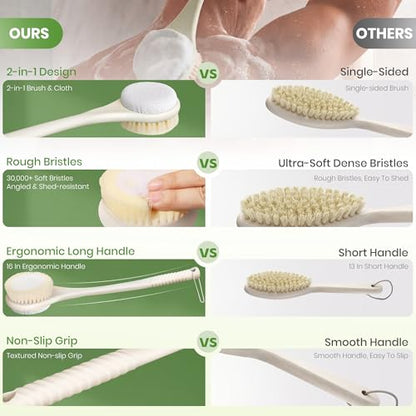 Back Scrubber for Shower with Long Handle, Dual-Sided Bath Brush with Soft Bristles & 150D Exfoliating Cloth, Anti-Slip Grip, Lightweight Back Washer for Shower, Men & Women (Light Yellow) - color: Light Yellow