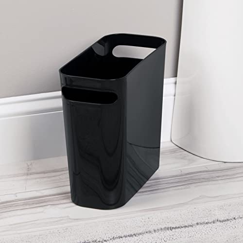 mDesign Plastic Small Trash Can, 1.5 Gallon/5.7-Liter Wastebasket, Narrow Garbage Bin with Handles for Bathroom, Laundry, Home Office - Holds Waste, Recycling, 10" High, Aura Collection, Black - color: Black