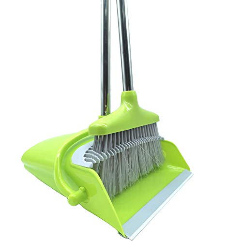 Extendable Long Handle Broom and Dustpan Set, Stainless Lightweight Upright Standing Broom and Dustpan Combo for Kitchen Lobby Office Living Room Household Indoor or Outside (Green) - color: Green