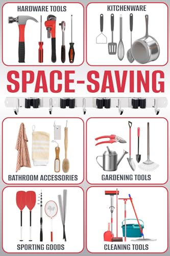 The Good Stuff Heavy Duty Mop and Broom Holder Wall Mount – Stainless Steel 5-Rack Organizer with 4 Hooks – Space Saving, Rust-Resistant Utility Rack for Garage, Kitchen, Laundry or Garden Tools - size: Standard